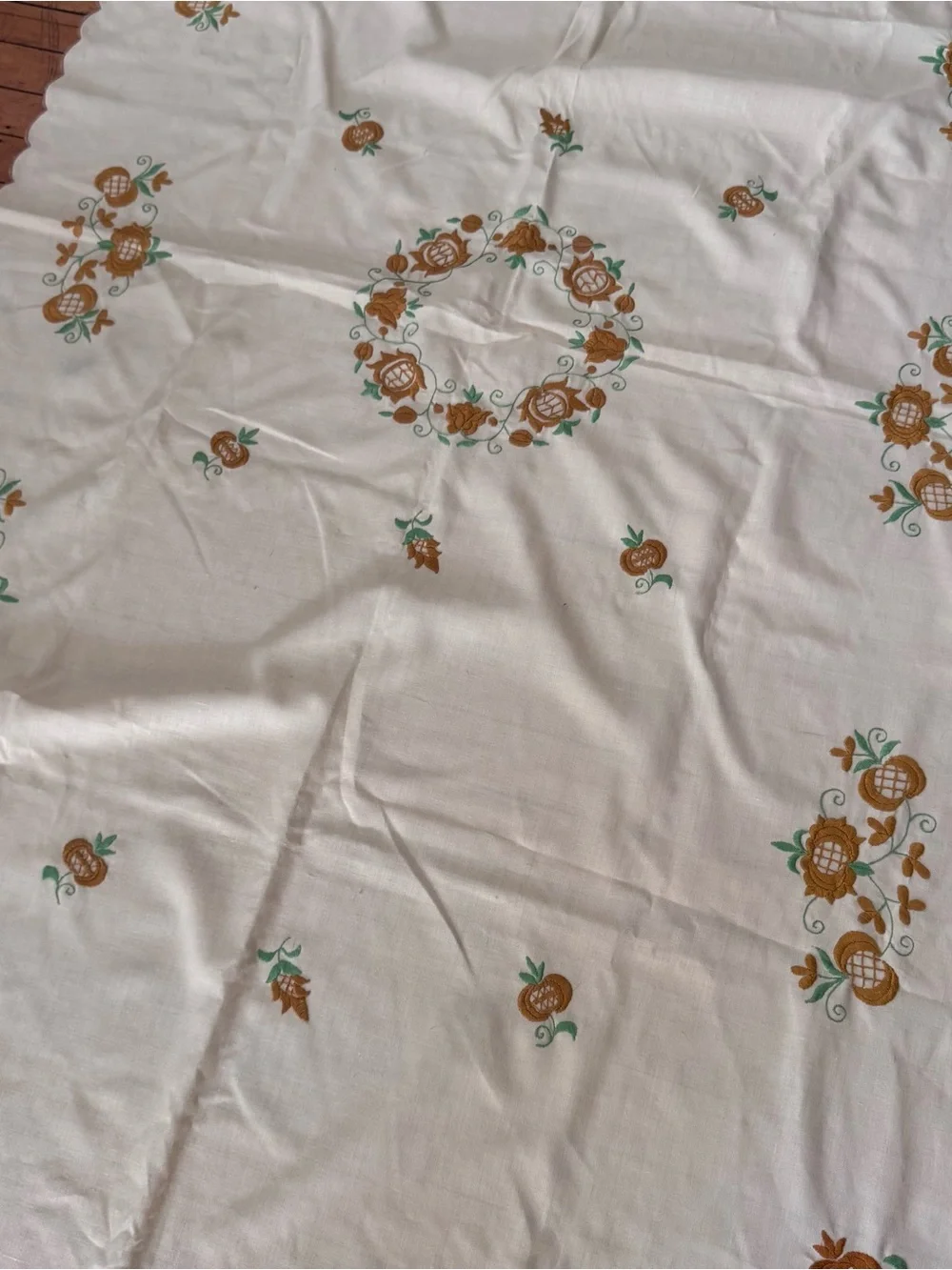 Vintage Floral Yellow gold & Green cotton tablecloth embroidered crewel large